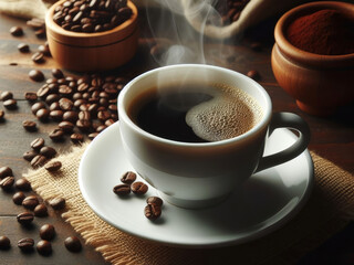 A cup of coffee with foam, coffee beans are scattered nearby and cinnamon sticks lie.