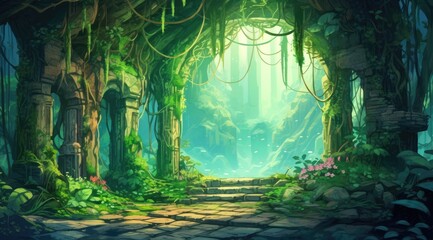 Lush emerald alcove under a sunlit canopy, a serene hideaway in the forest