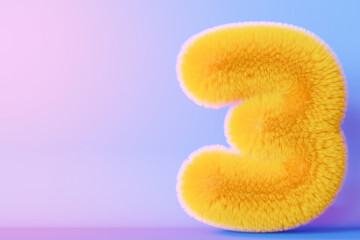 Playful, fluffy number three on gradient background. Yellow symbol 3. Invitation for a third birthday party, or any kids event celebrating a 3rd milestone. Vibrant, neon colors. Copy space. 3D.