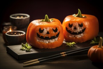 Spooky Halloween inspired stuffed bell peppers carved like jack-o'-lanterns filled with sushi rice on a dark