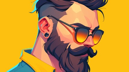 A trendy young man sporting a beard mustache and sunglasses is depicted in a cool 2d style as a hipster guy icon avatar featuring stylish spectacles