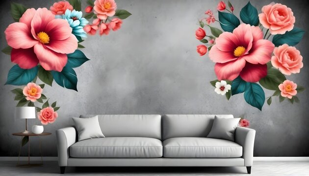 3d wallpaper design with vintage florals on concrete wall for photomural
