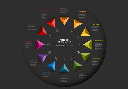 Full year dark multipurpose infographic template with twelve triangle arrows