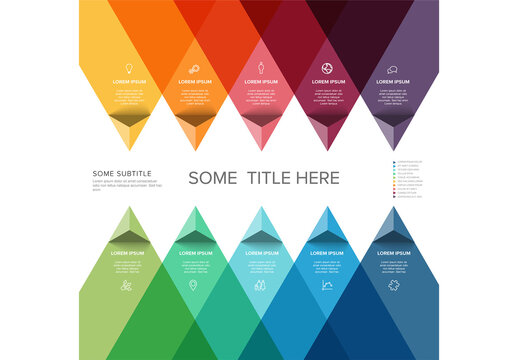 Multipurpose Infographic template with rainbow ten triangle arrows in two rows