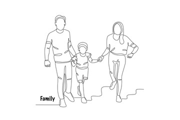 Family taking photos on tiptoes. Family concept one-line drawing