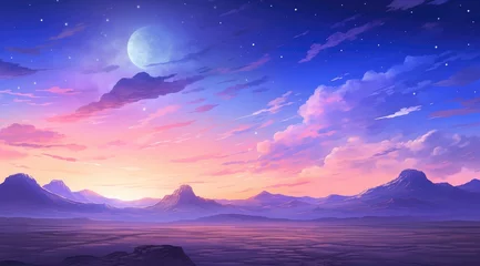 Verduisterende gordijnen Donkerblauw Desert landscape under a twilight sky evoking a mysterious mirage-like atmosphere