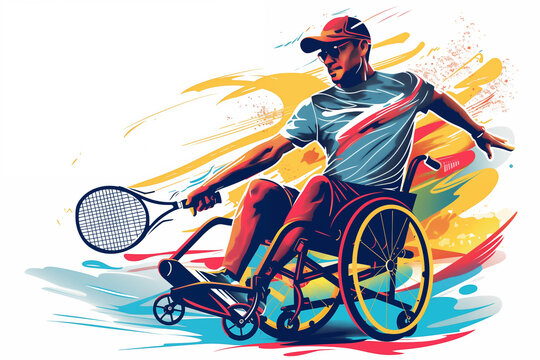 A wheelchair tennis player in action,  illustration on white background and colorful design elements, featuring dynamic strokes for energy and sporty wear with vibrant colors. Paralympic games.