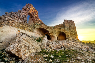 Ruins of the medieval castle of Monreal in Dosbarrios. Toledo. Spain. Europe.