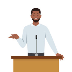 Young Black Businessman or politician speaking at the podium. Flat vector illustration isolated on white background