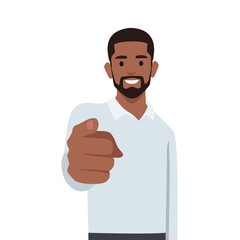 Young successful black businessman pointing finger at you smiling. Flat vector illustration isolated on white background