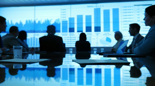 a business meeting with a live profit and loss statement projection, showing real-time financial data