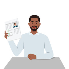 Young man candidate hold CV with all filled form application. Flat vector illustration isolated on white background