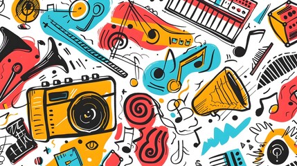 Doodled Music Elements A Creative Compilation of Sketchy Instruments and Abstract Designs Generative ai