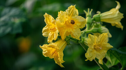 A cluster of bright yellow squash blossoms blooming on a vine, their delicate petals attracting pollinators like bees and butterflies, 