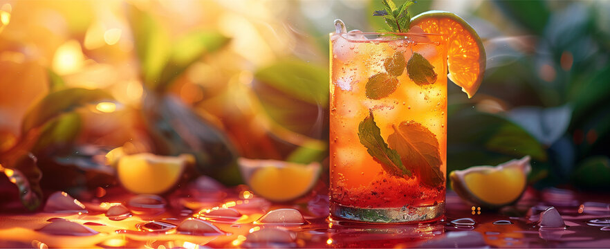 Cocktail, limoni, estate, foglie