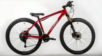 new red mountain bike bicycle eon a white background
