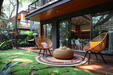 Cozy Outdoor Patio with Modern Furniture - obrazy, fototapety, plakaty