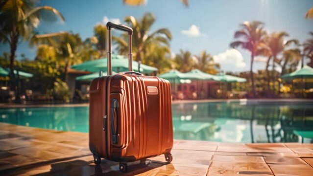 A big luggage suitcases beside resort swimming pool, Tourism summer concepts.