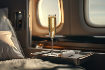 indulgence of a business class experience with a close-up of a champagne flute served on a tray table beside a premium seat, against the backdrop of a serene cabin ambiance.
