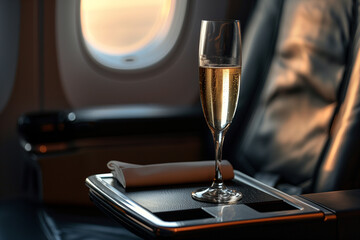 indulgence of a business class experience with a close-up of a champagne flute served on a tray table beside a premium seat, against the backdrop of a serene cabin ambiance.