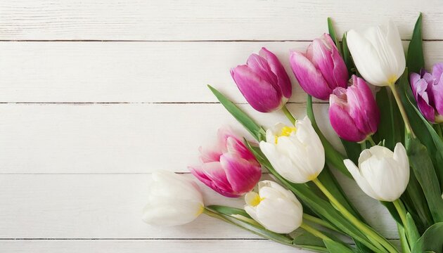 Springtime Tulips on White Wooden Desk: Greeting Card Design