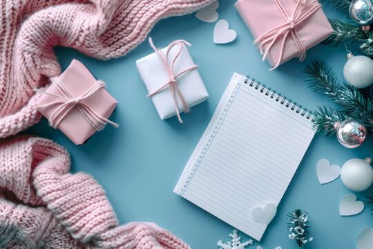 top view of blank notebook on rustic background desk for mockup, flowers decorations. ai generated
