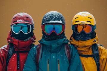 a group of friends dressed in vibrant, colorful winter attire, skiing and reveling in the snowy landscape.
