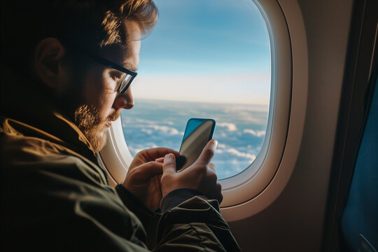 man's reliance on his mobile phone while traveling by plane, emphasizing the convenience and connectivity it provides, against the backdrop of the aircraft's window view.