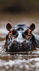 An extreme close-up shot captures the majesty of an African hippopotamus as it swims gracefully in the river. The focus is on its expressive eyes and powerful snout, highlighting the intricate details