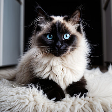 Fluffy cat. Beautiful Neva Masquerade cat with blue eyes lying on carpet at home.