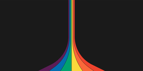 Retro rainbow color striped path horizontal banner. Geometric hippie rainbows perspective flow print. Vintage hippy abstract iridescent stripes. Trendy minimal y2k colorful spectrum pop art. Vector