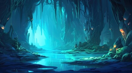  Mystical cave with glowing crystals by a serene river - obrazy, fototapety, plakaty