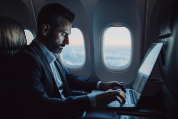 businessman focused on his tasks, meticulously crafting a presentation on his laptop while en route, demonstrating his ability to seize every moment for productivity, against the b