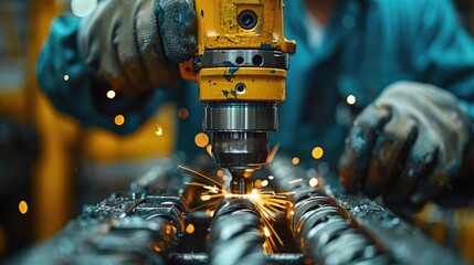 Close-up of a pneumatic drill in action, with an engineers hand guiding the tool