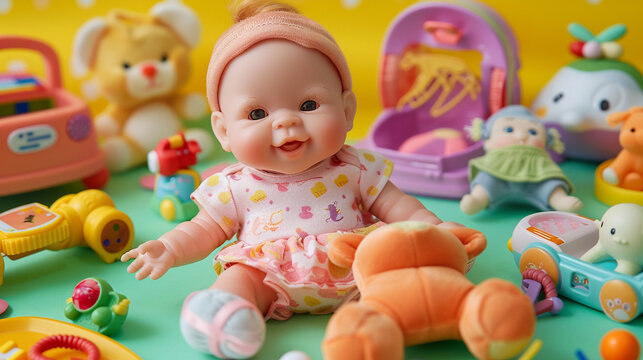 A plush baby doll with a smiling face and soft body surrounded by a collection of miniature toys and accessories offering endless 