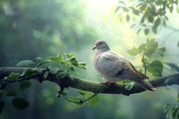 A contented dove nestled on a peaceful tree branch, symbolizing serenity.