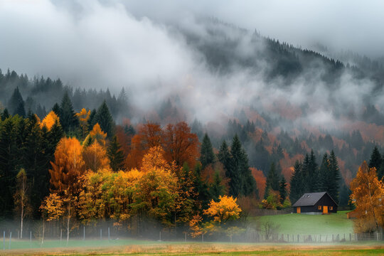 enchanting foggy morning in an autumnal forest with colorful foliage and tranquil vibes