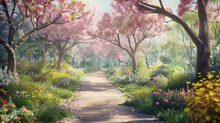 Serene Garden Path with Cherry Blossoms, serene garden path lined with blooming cherry blossoms and early summer flowers, inviting a peaceful walk