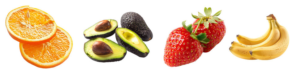 Strawberry avocado cutout, orange slices fruits, banana gourmet vegetable summer green color - obrazy, fototapety, plakaty