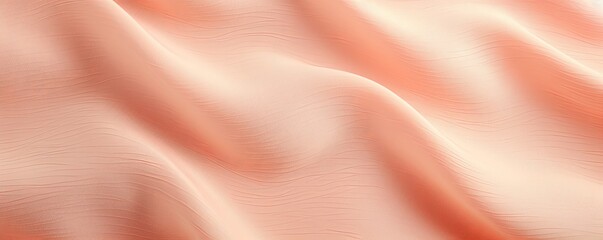 Peach linen fabric with abstract wavy pattern. Background and texture for design, banner, poster or packaging textile product. Closeup. with copy space 