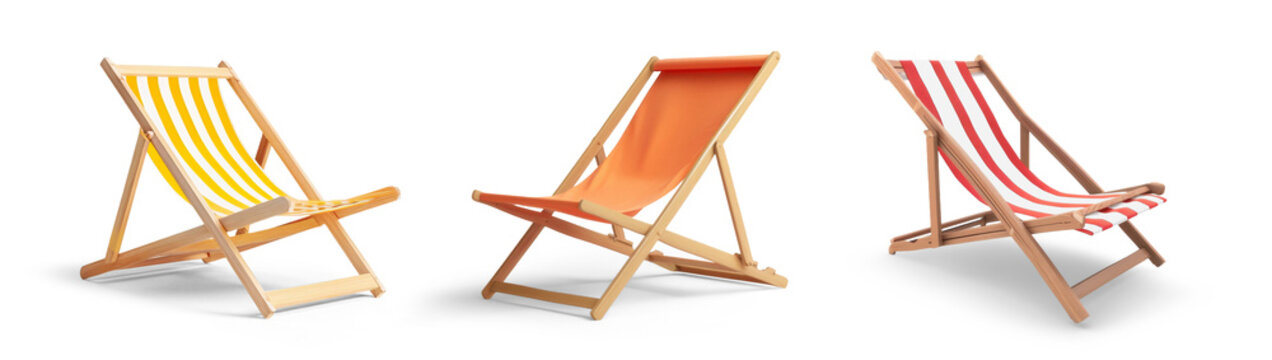 Wooden beach chairs isolated on white or transparent background