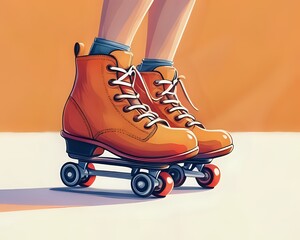 Up of Skater's Leg in Orange Roller Skates: Detailed  Illustration.
.
.
