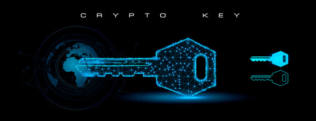 Electronic digital key with cyber security code. Streaming digital code matrix with security key. Cyber security protection. Concept banner. Private electronic digital code key. Modern data protecion