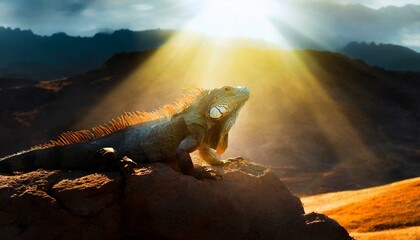 An iguana basking on a sunlit rock in a sparse desert landscape, its scales reflecting the harsh sunlight