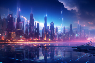 Fototapeta na wymiar Neon city capital towers with futuristic technology background cyber punk