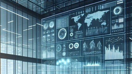 Transparent smart digital glass screen showing data info and statics in a big business company room 
