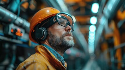 Engineer wearing smart glasses and interacting with an augmented reality engineering application