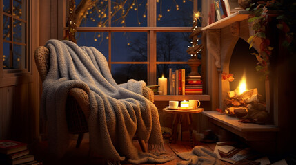 A cozy reading nook tucked away in a corner, with a comfortable armchair and a soft, knitted throw. - obrazy, fototapety, plakaty