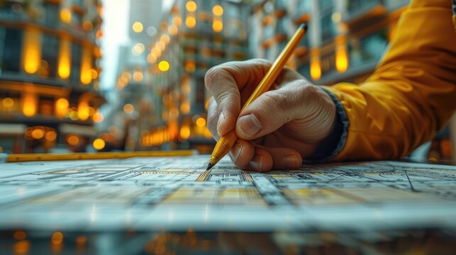 Focused view of an engineers hand sketching modifications on a construction plan