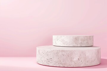 Two Round Podiums for Cosmetic, Soap, Items Presentation. Abstract Minimal Geometric Pedestal. Cylinder Two Forms, Soft Shadow. Product Object Show Scene. Showcase, Display Case. Pink Stand Backdrop